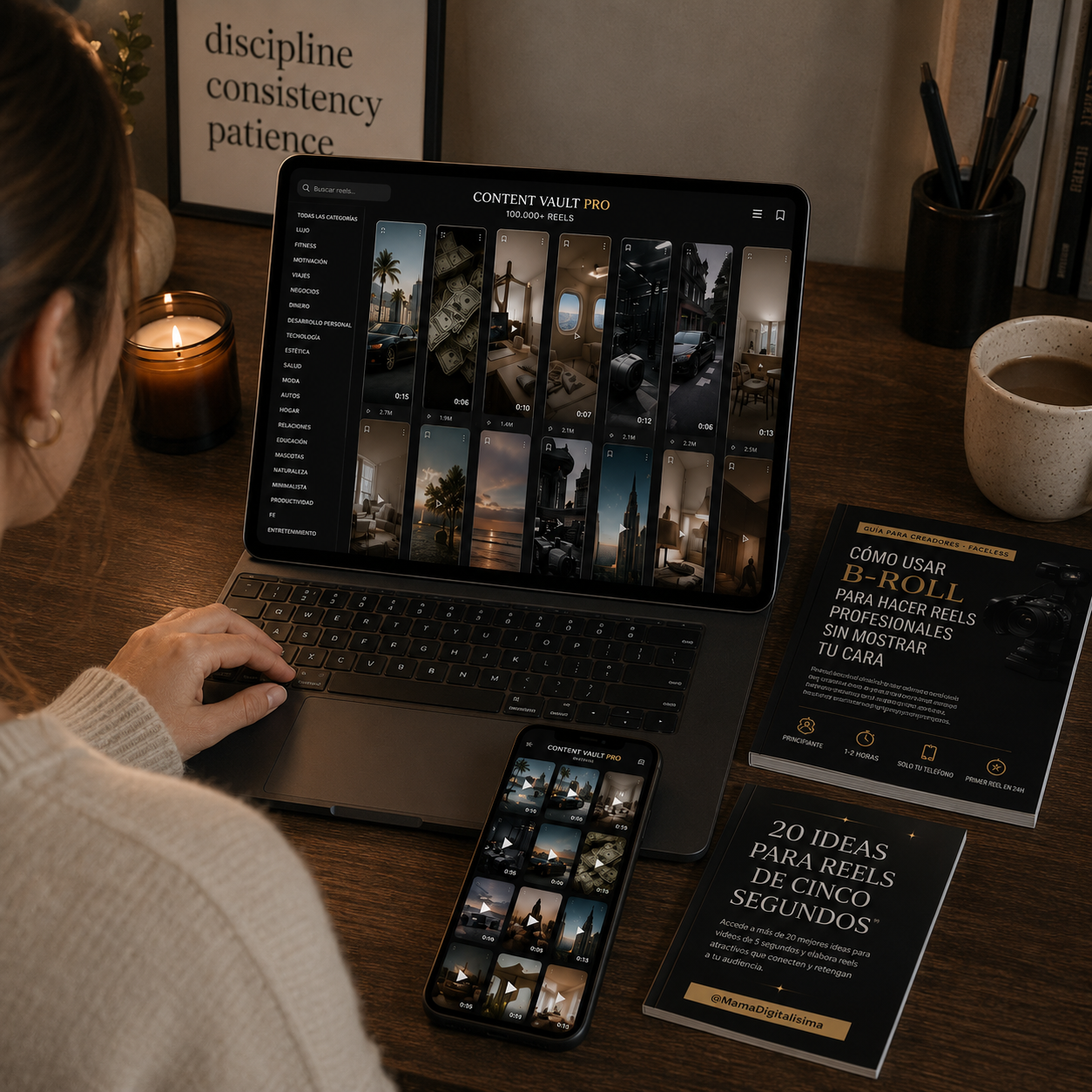 Content Vault Pro mostrado en un computador con videos y recursos incluidos